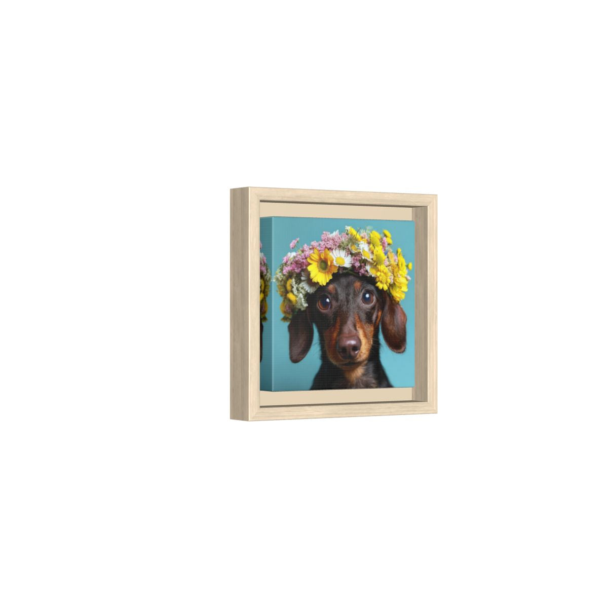 Dachshund Flower Crown Canvas Print – natural wood framed canvas