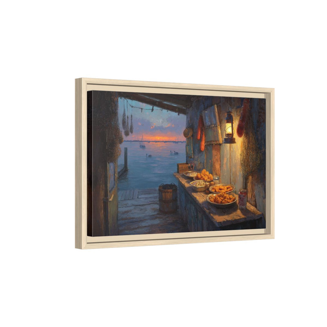 Gulf Coast Seafood Shack Canvas Art – natural wood framed canvas