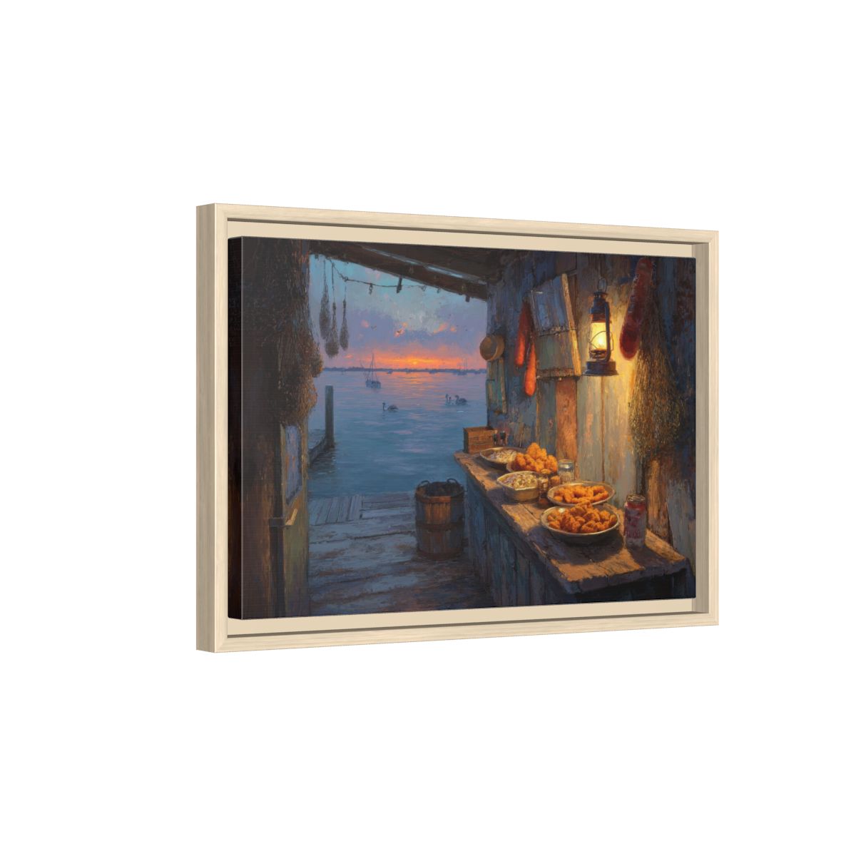 Gulf Coast Seafood Shack Canvas Art – natural wood framed canvas