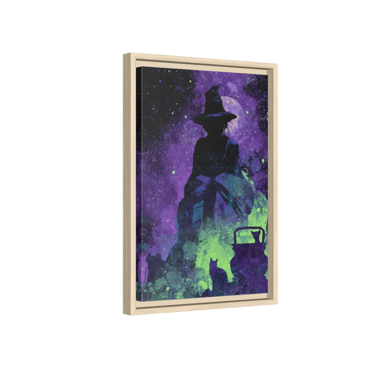 Witch Silhouette Digital Art Print – natural wood framed canvas