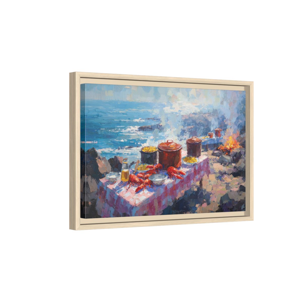 Coastal Lobster Feast Canvas Art – natural wood framed canvas