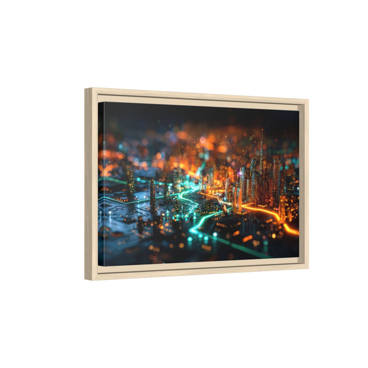 Cyberpunk Circuit Board Canvas Print – natural wood framed canvas
