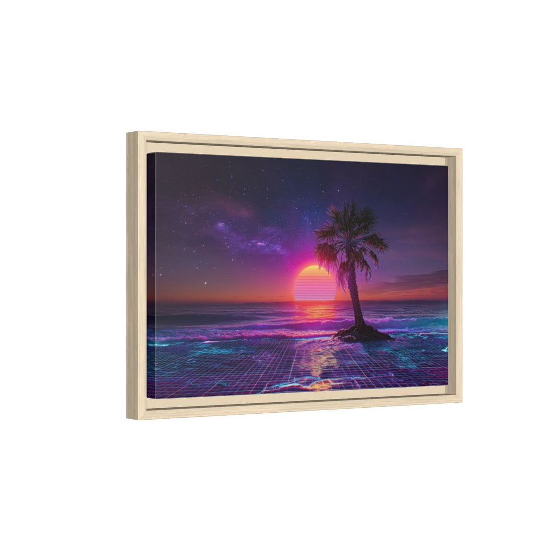Synthwave Palm Beach Canvas Print – natural wood framed canvas