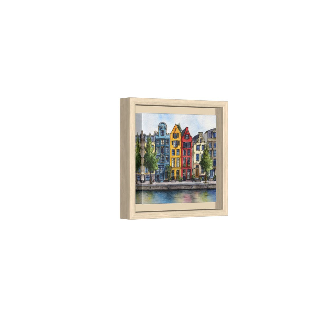 Amsterdam Canal Houses Watercolor Print – natural wood framed canvas