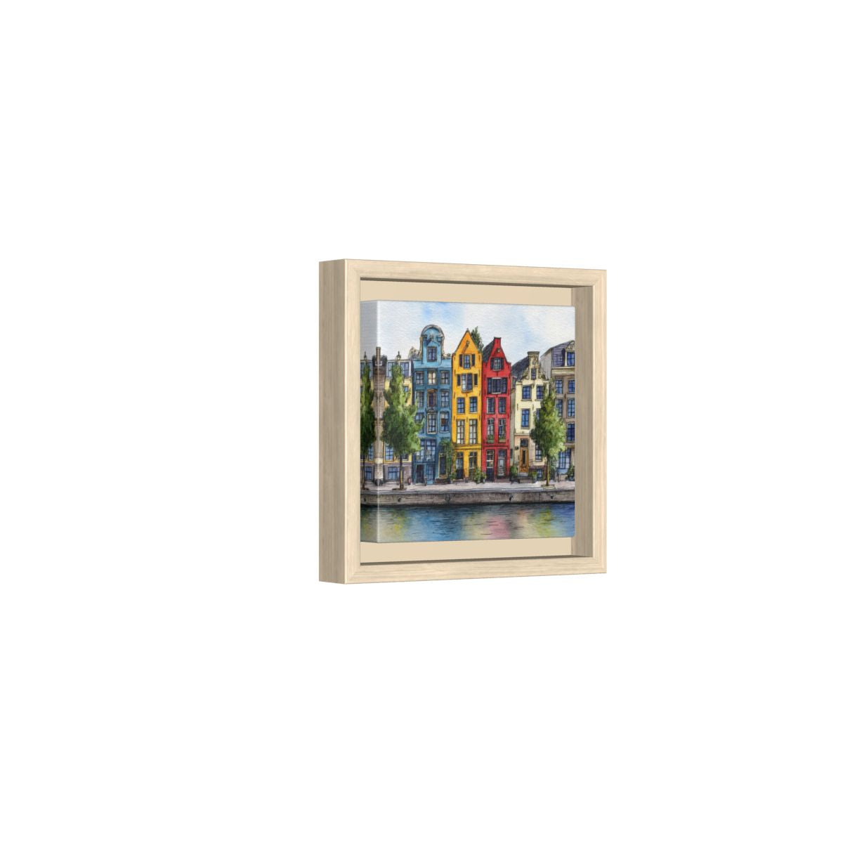 Amsterdam Canal Houses Watercolor Print – natural wood framed canvas