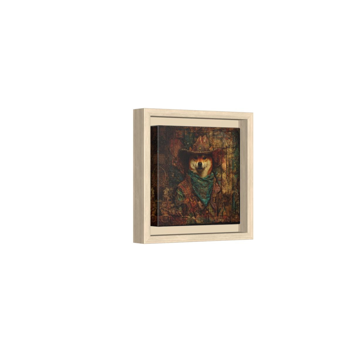 Western Cowboy Shiba Inu Canvas Print – natural wood framed canvas