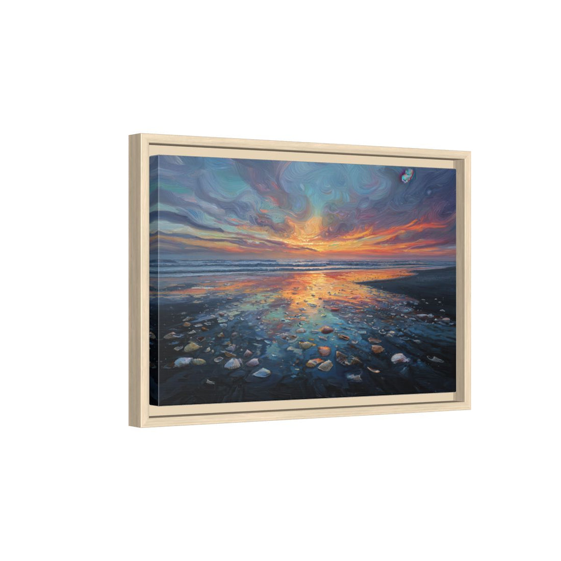 Sunset Beach Oil Painting Canvas Print – natural wood framed canvas