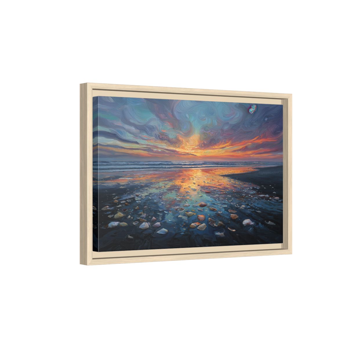 Sunset Beach Oil Painting Canvas Print – natural wood framed canvas