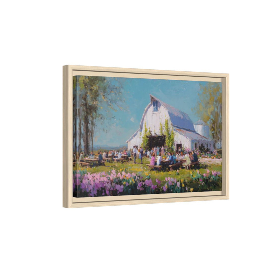 Spring Barn Wedding Art Print – natural wood framed canvas