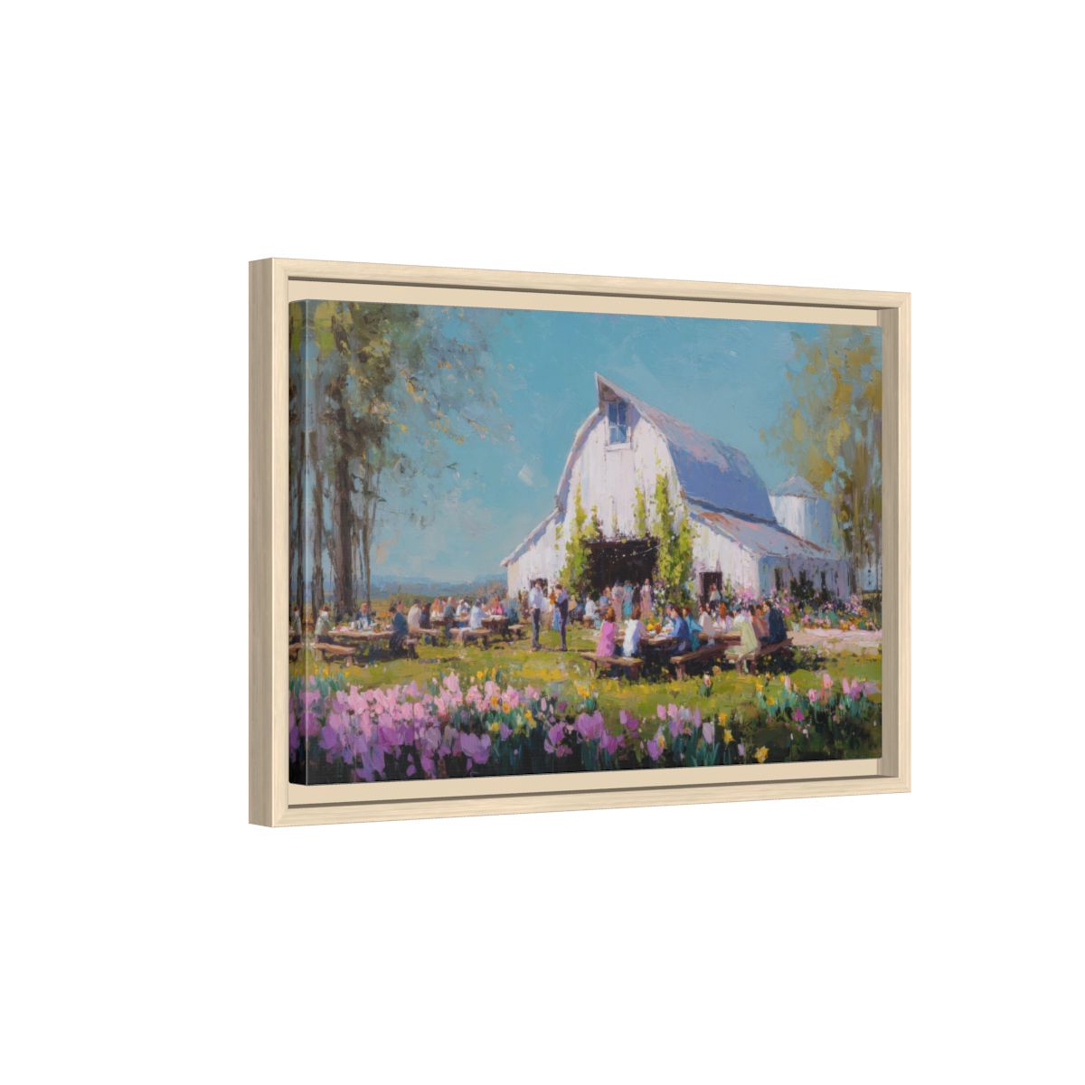 Spring Barn Wedding Art Print – natural wood framed canvas