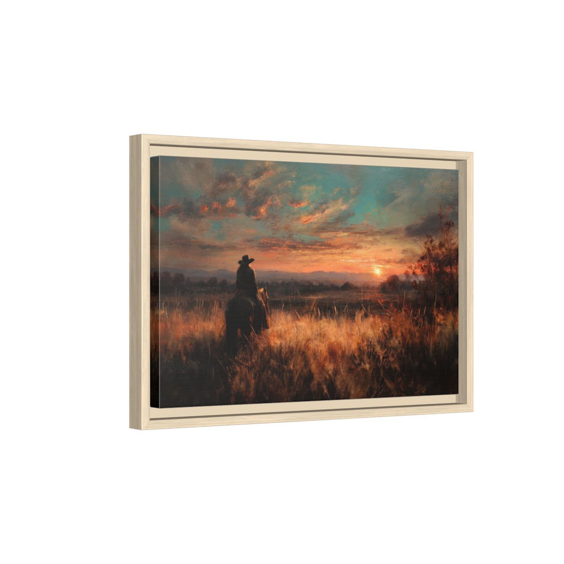 Western Cowboy Sunset Canvas Wall Art – natural wood framed canvas