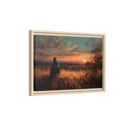 Western Cowboy Sunset Canvas Wall Art – natural wood framed canvas