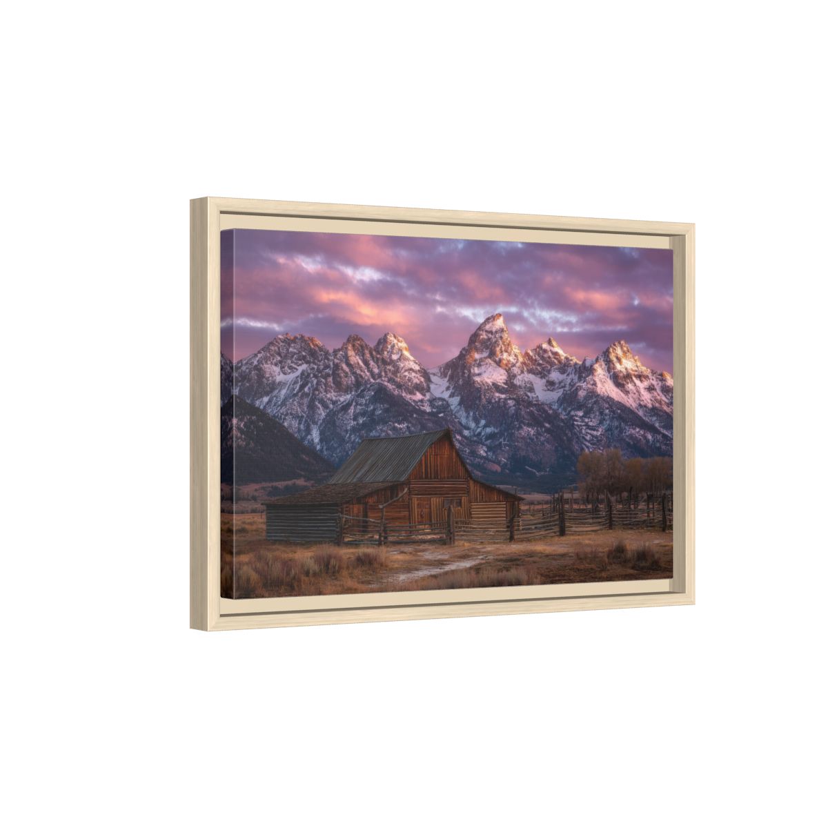 Rustic Mountain Barn Canvas Wall Art – natural wood framed canvas