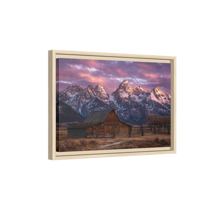 Rustic Mountain Barn Canvas Wall Art – natural wood framed canvas