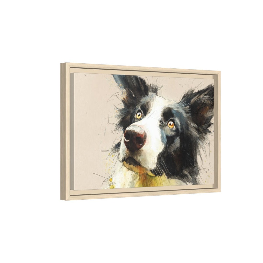 Border Collie Dog Portrait Canvas Print – natural wood framed canvas
