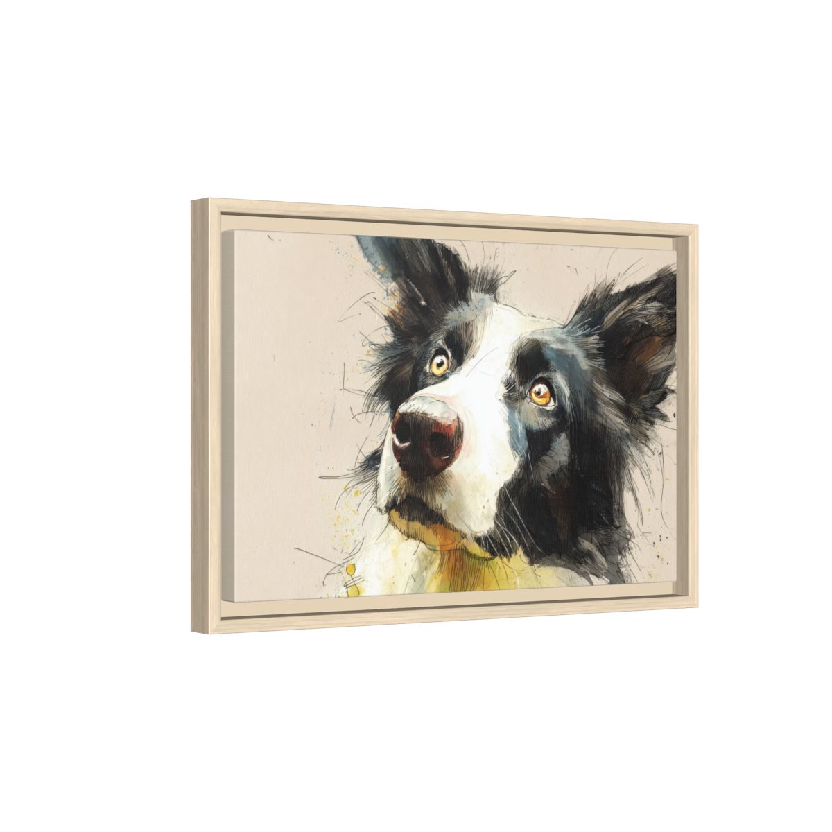 Border Collie Dog Portrait Canvas Print – natural wood framed canvas