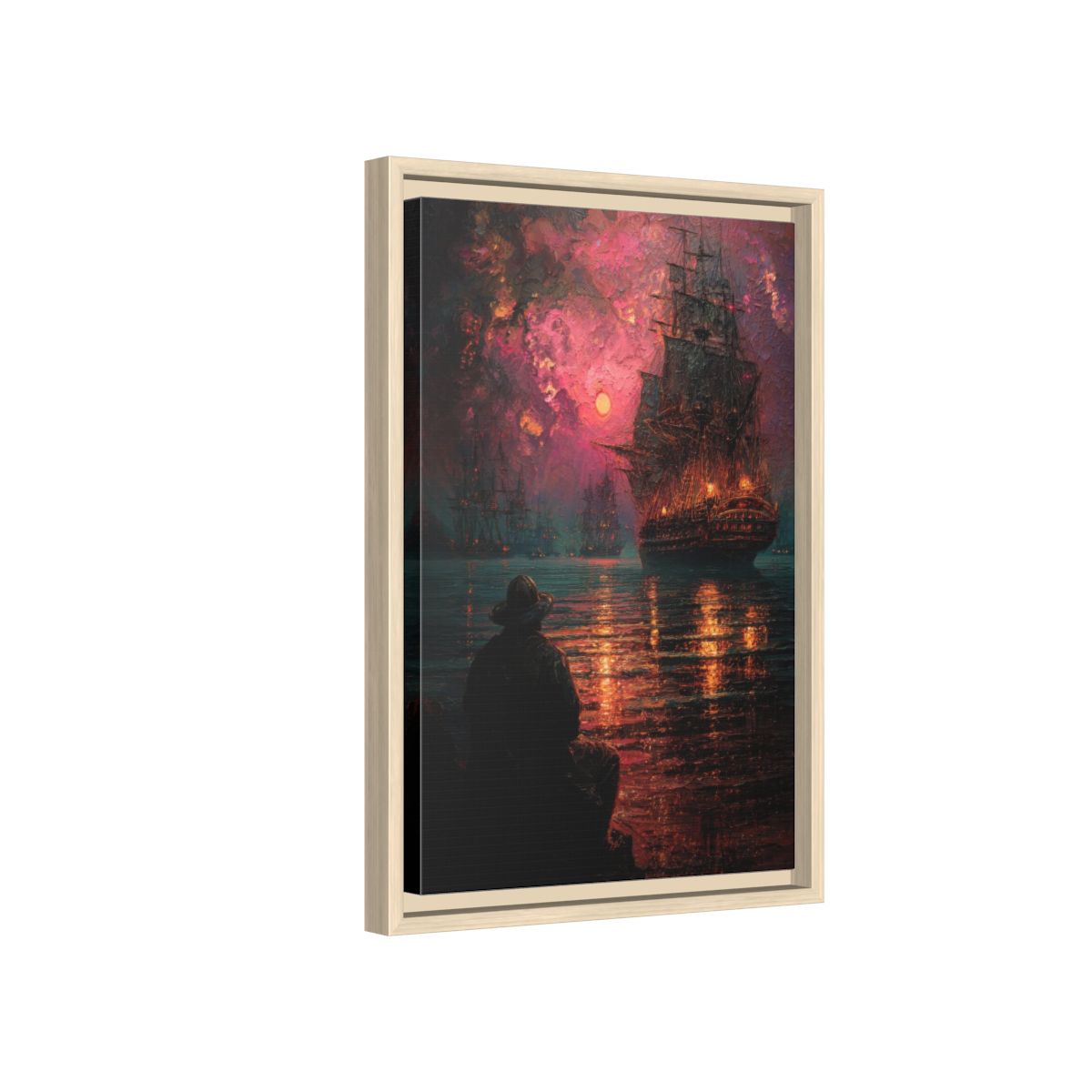 Naval Battle Canvas Wall Art – natural wood framed canvas