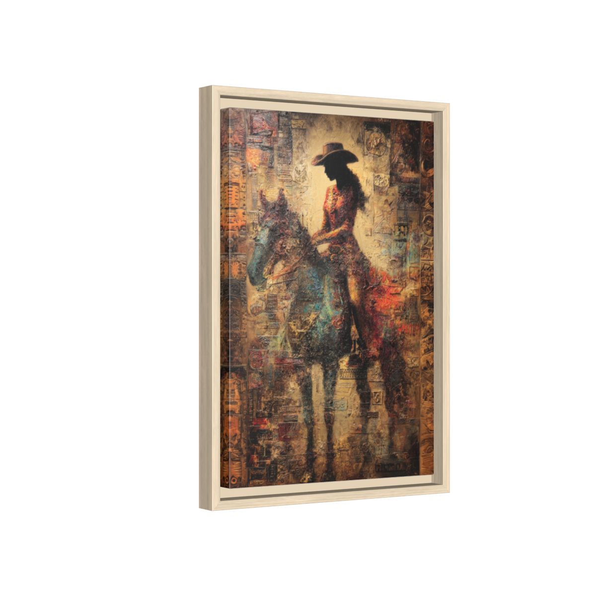 Western Cowgirl Abstract Canvas Wall Art – natural wood framed canvas