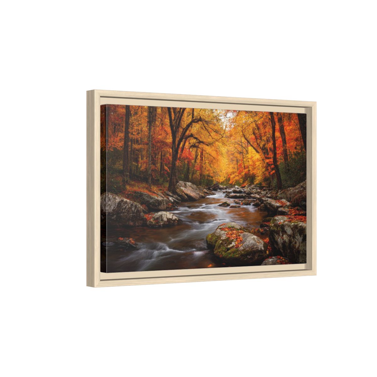 Autumn Forest Stream Canvas Wall Art – natural wood framed canvas
