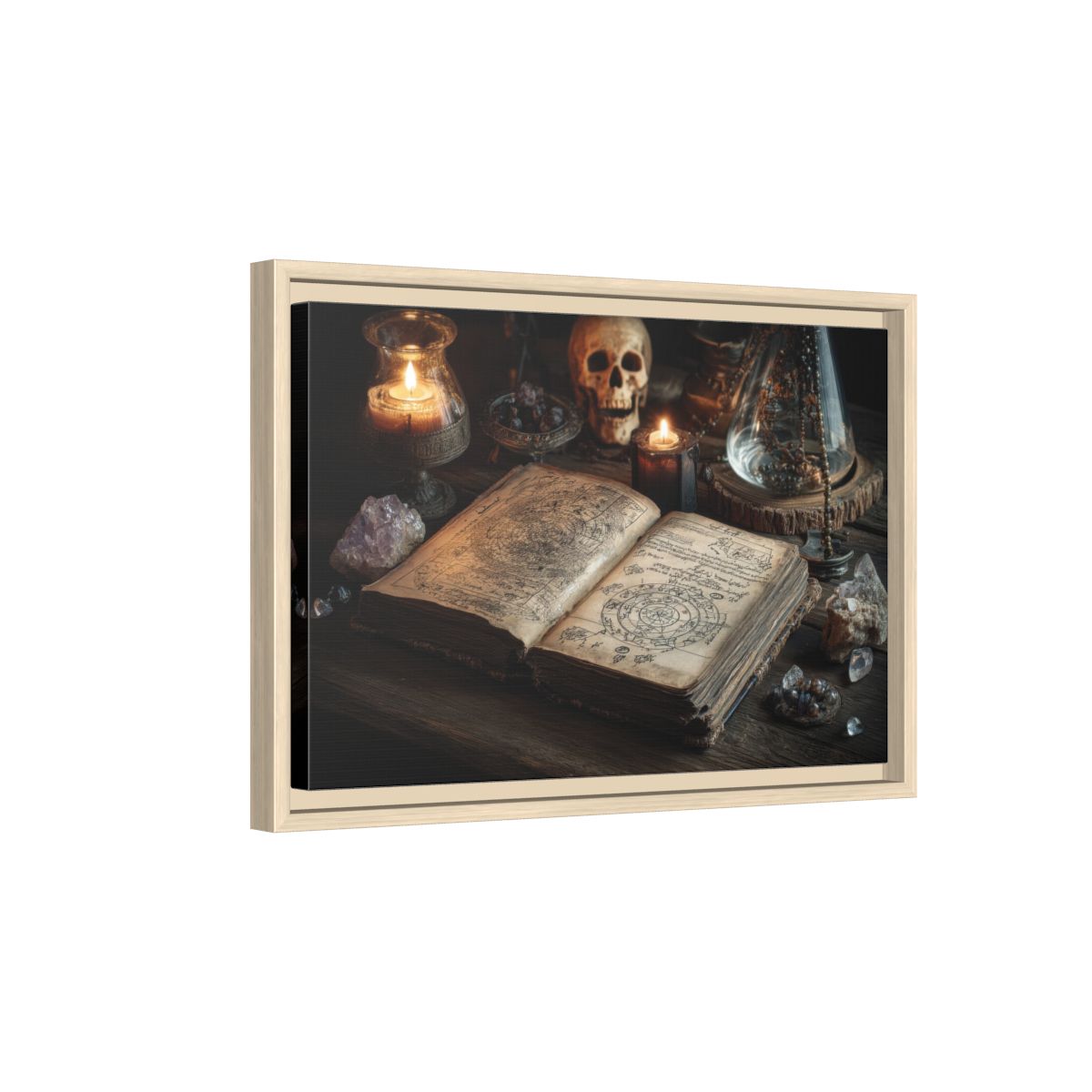 Dark Academia Spellbook Canvas Print – natural wood framed canvas