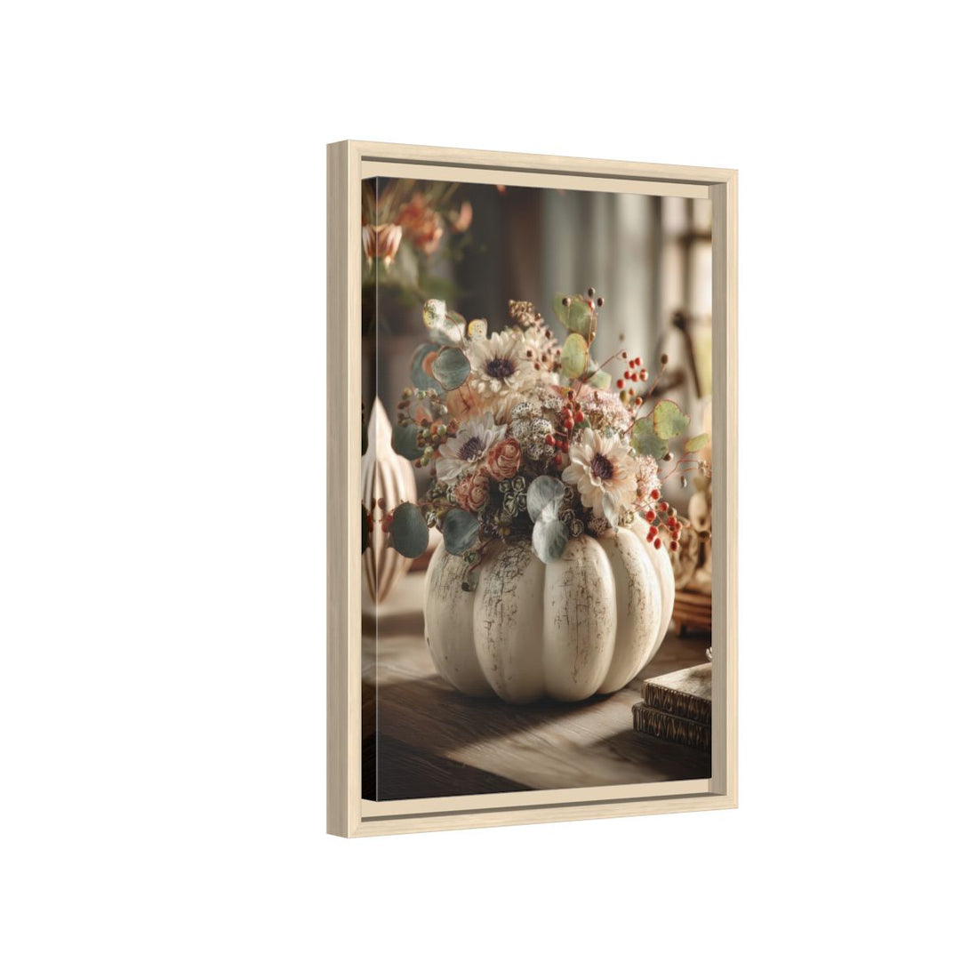 Autumn Pumpkin Floral Canvas Print – natural wood framed canvas