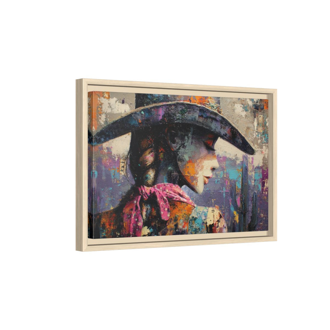 Abstract Western Cowgirl Canvas Print – natural wood framed canvas