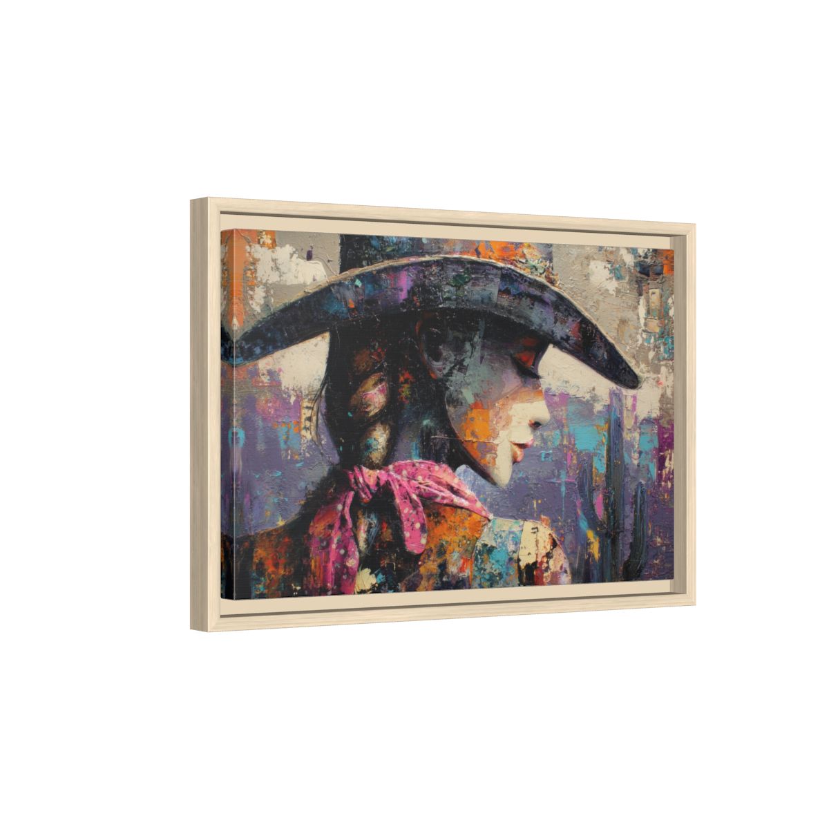 Abstract Western Cowgirl Canvas Print – natural wood framed canvas