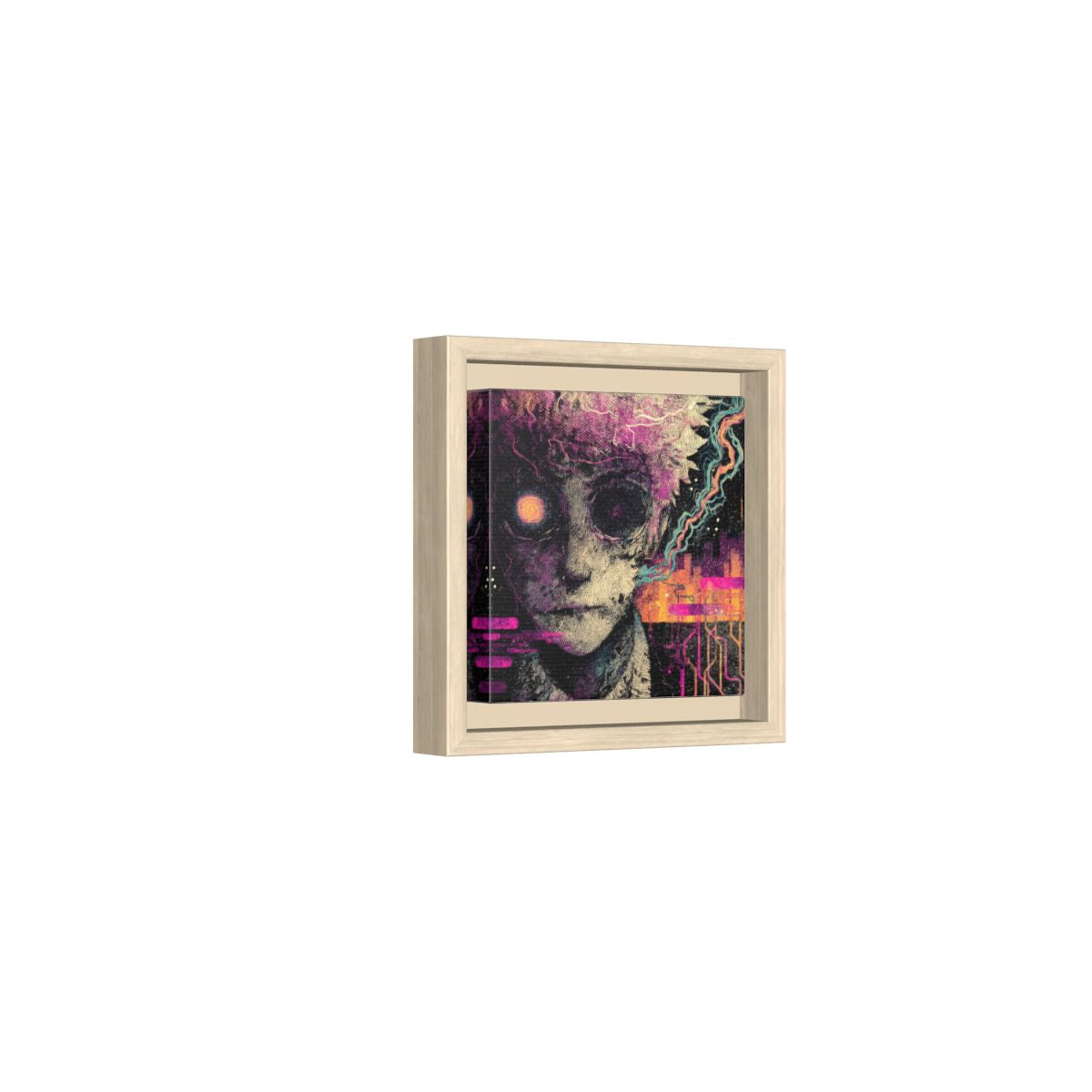Surreal Cyberpunk Face Canvas Wall Art – natural wood framed canvas