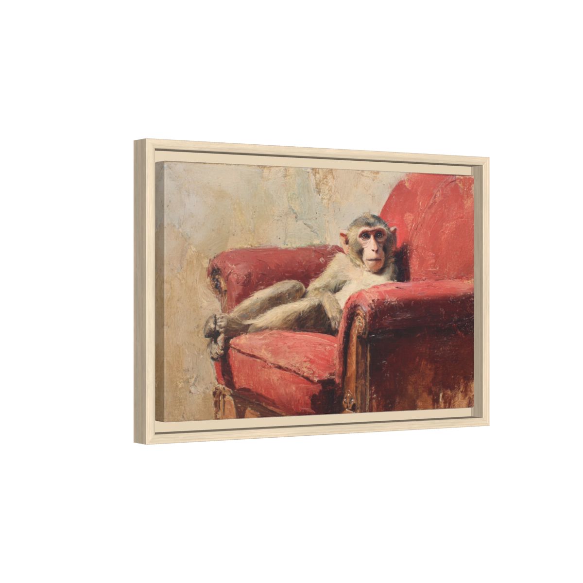 Monkey Armchair Canvas Print – natural wood framed canvas