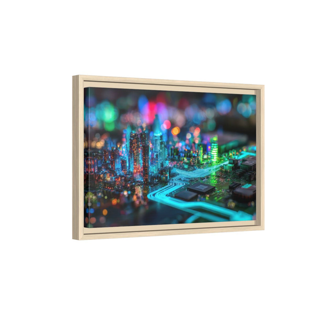 Cyberpunk Circuit Board Canvas Print – natural wood framed canvas