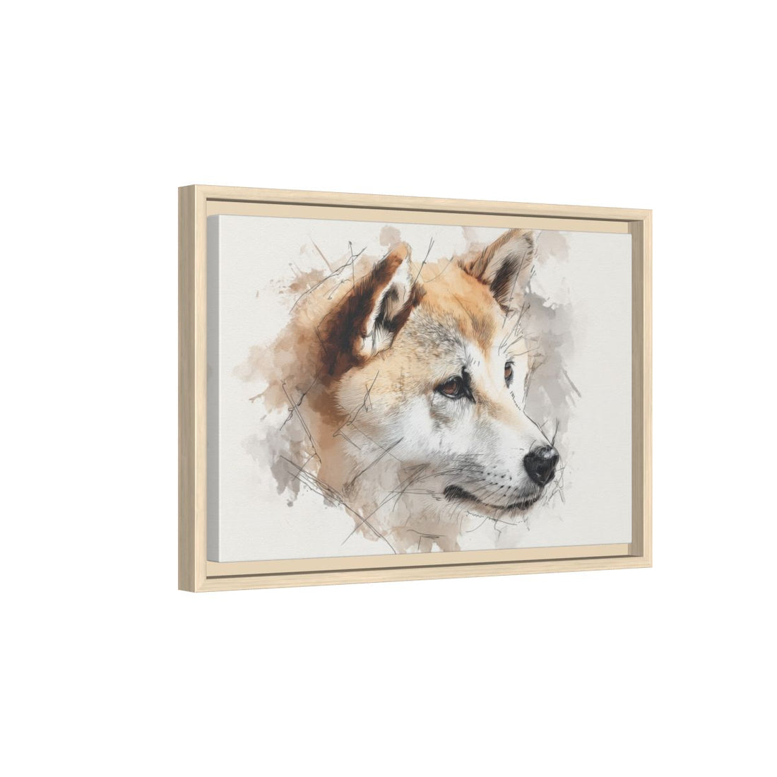 Shiba Inu Watercolor Canvas Print – natural wood framed canvas