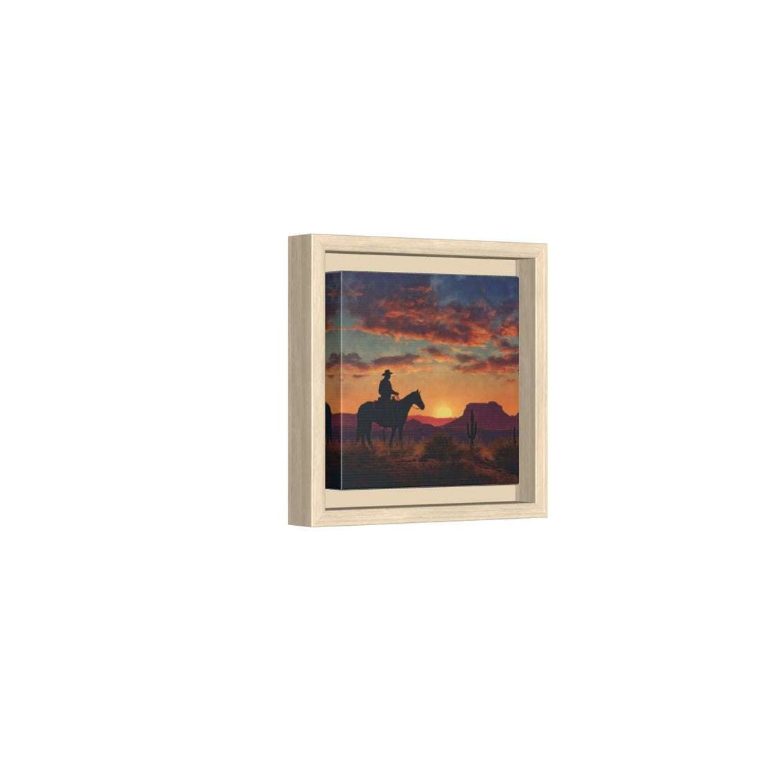 Western Cowboy Silhouette Canvas Art – natural wood framed canvas