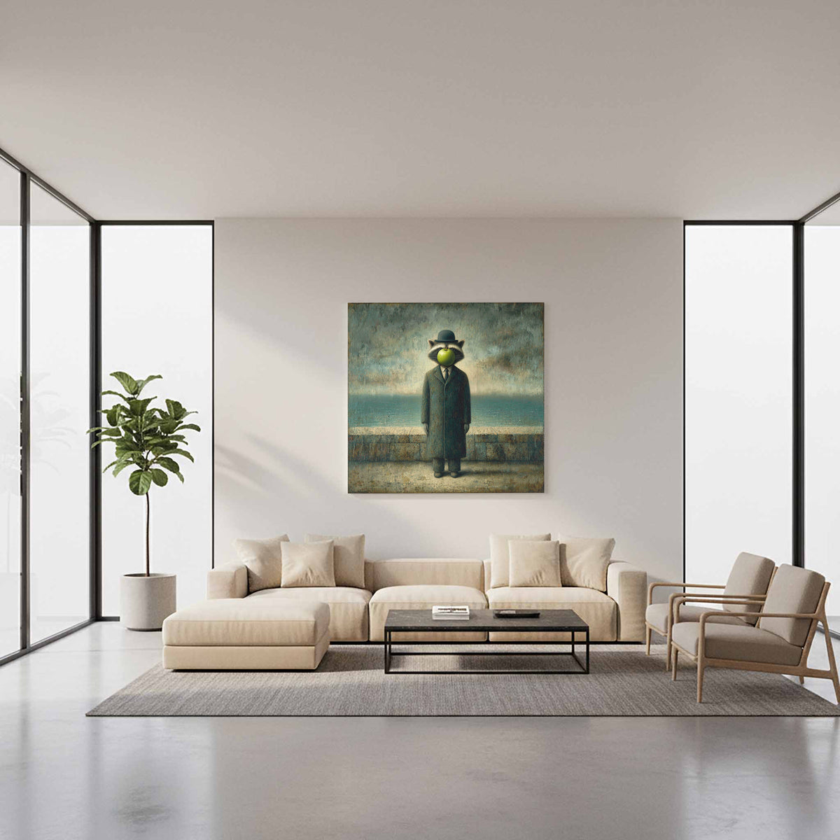 Surreal Raccoon Canvas Art – styled room view 11