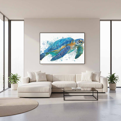 Blue Sea Turtle Watercolor Canvas Print – styled room view 11