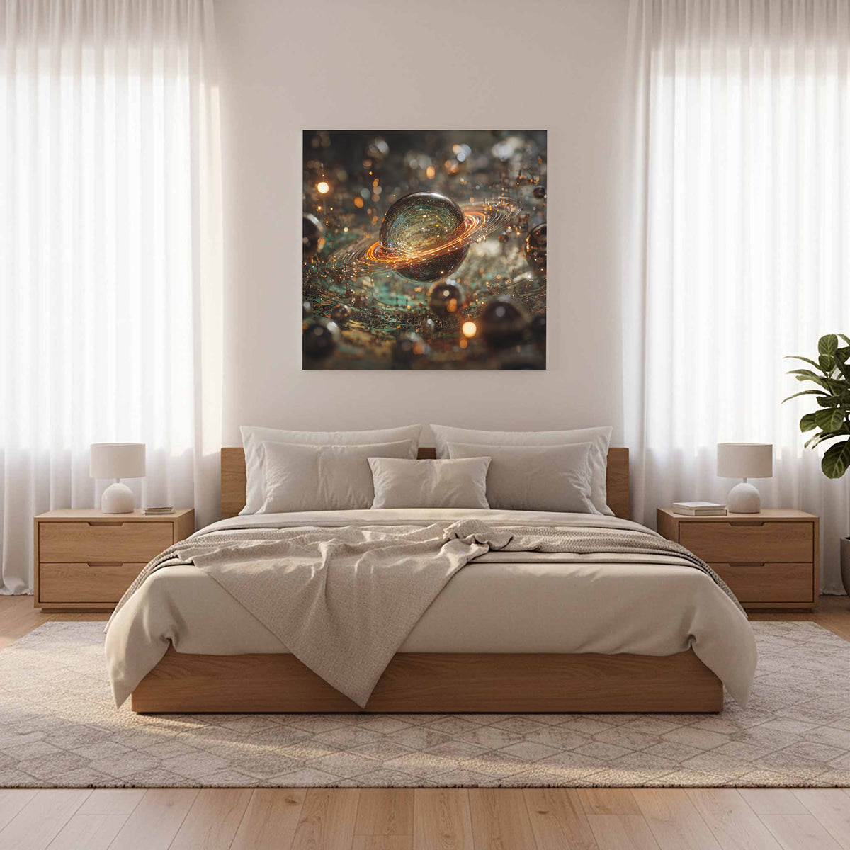 Abstract Saturn Planet Canvas Art – styled room view 10