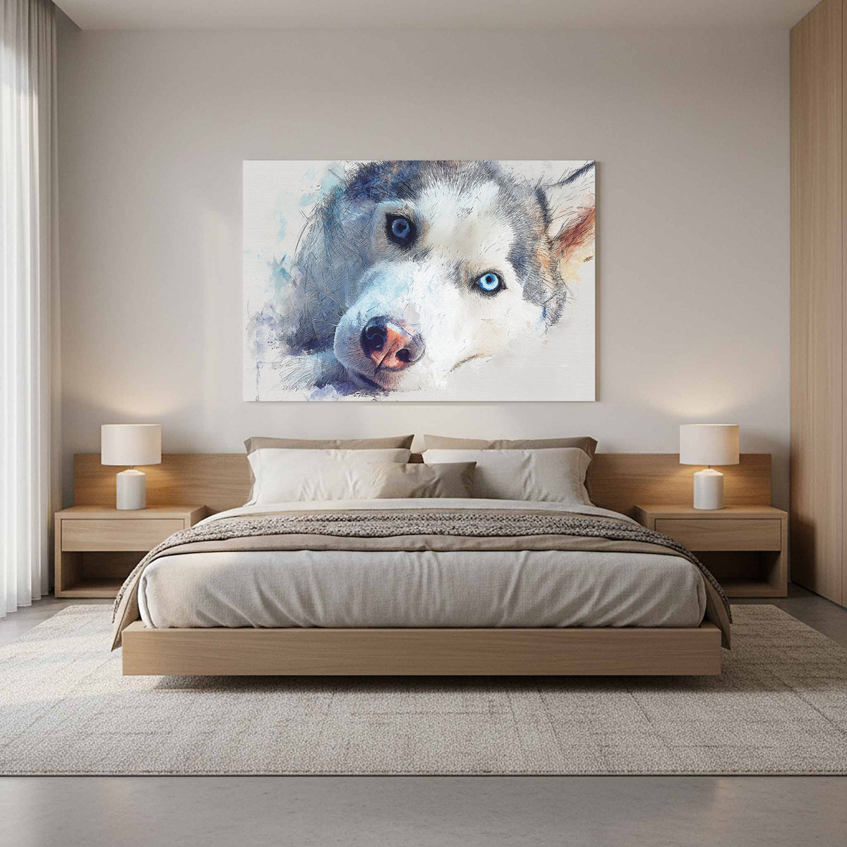 Siberian Husky Watercolor Canvas Print – styled room view 11