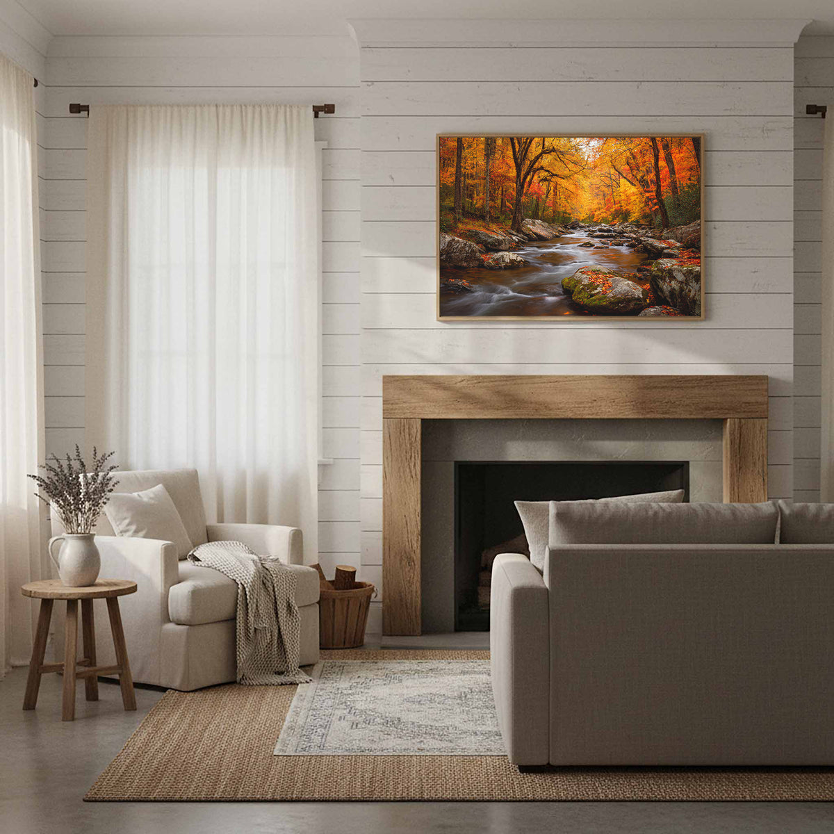 Autumn Forest Stream Canvas Wall Art – styled room view 11