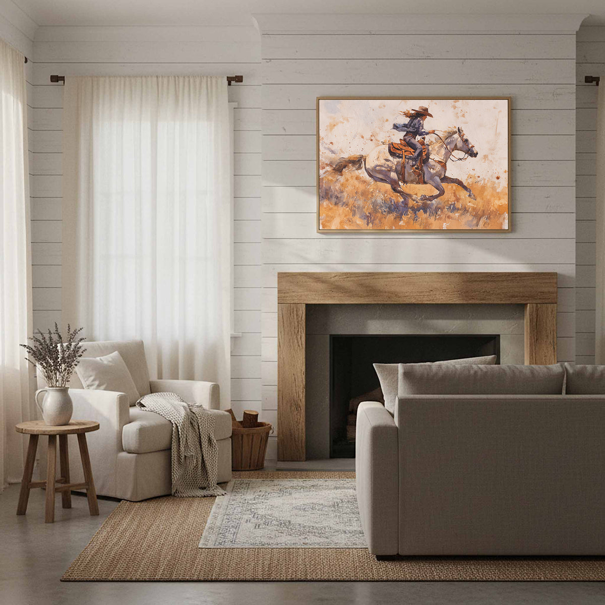 Western Cowgirl Watercolor Canvas Wall Art – styled room view 12