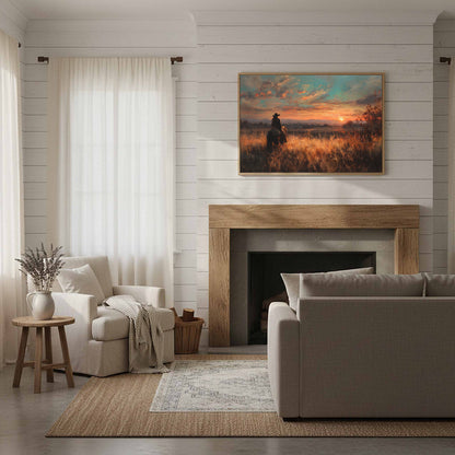 Western Cowboy Sunset Canvas Wall Art – styled room view 11