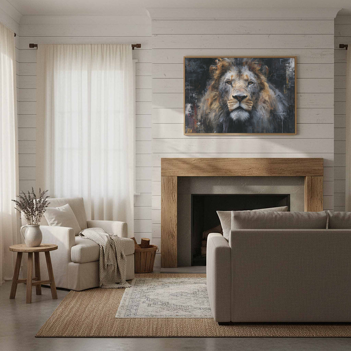 Modern Lion Portrait Canvas Wall Art – styled room view 10