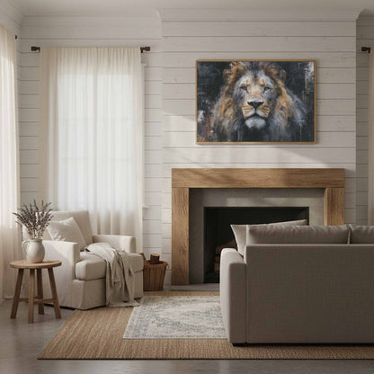 Modern Lion Portrait Canvas Wall Art – styled room view 10