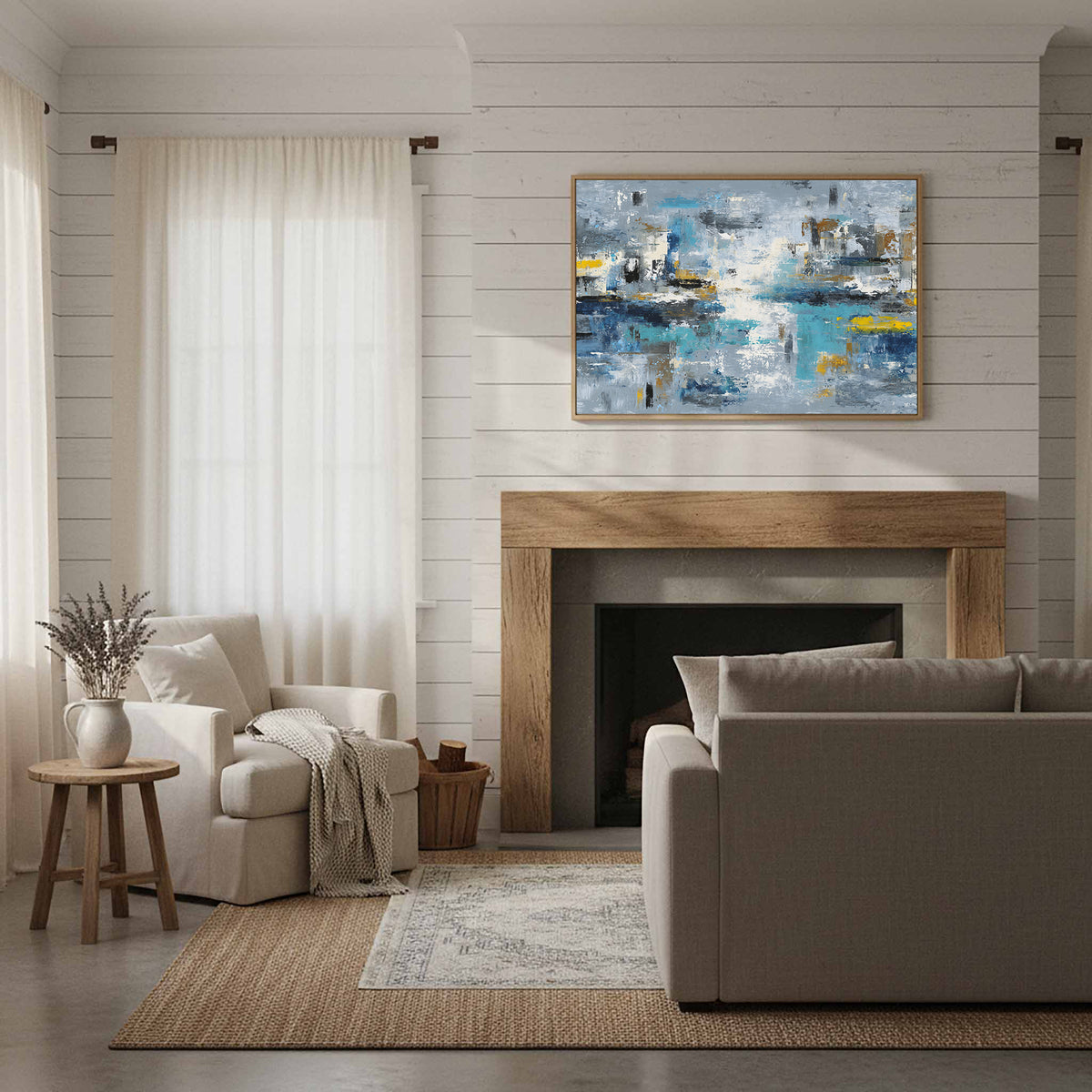 Abstract Blue Gray Canvas Wall Art – styled room view 10