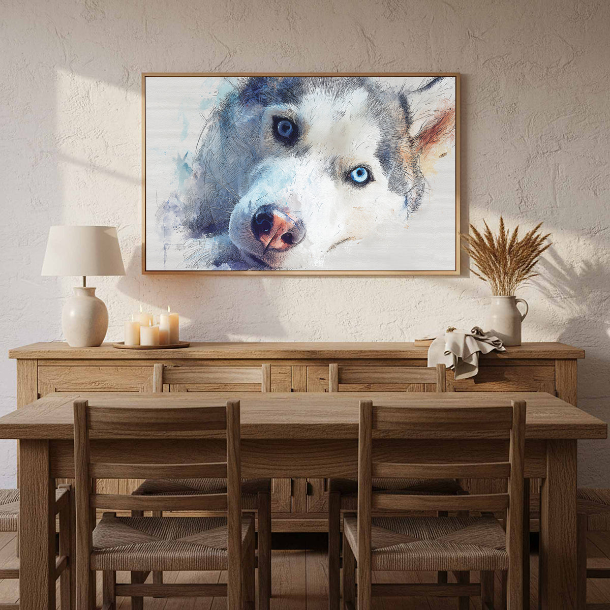 Siberian Husky Watercolor Canvas Print – styled room view 12