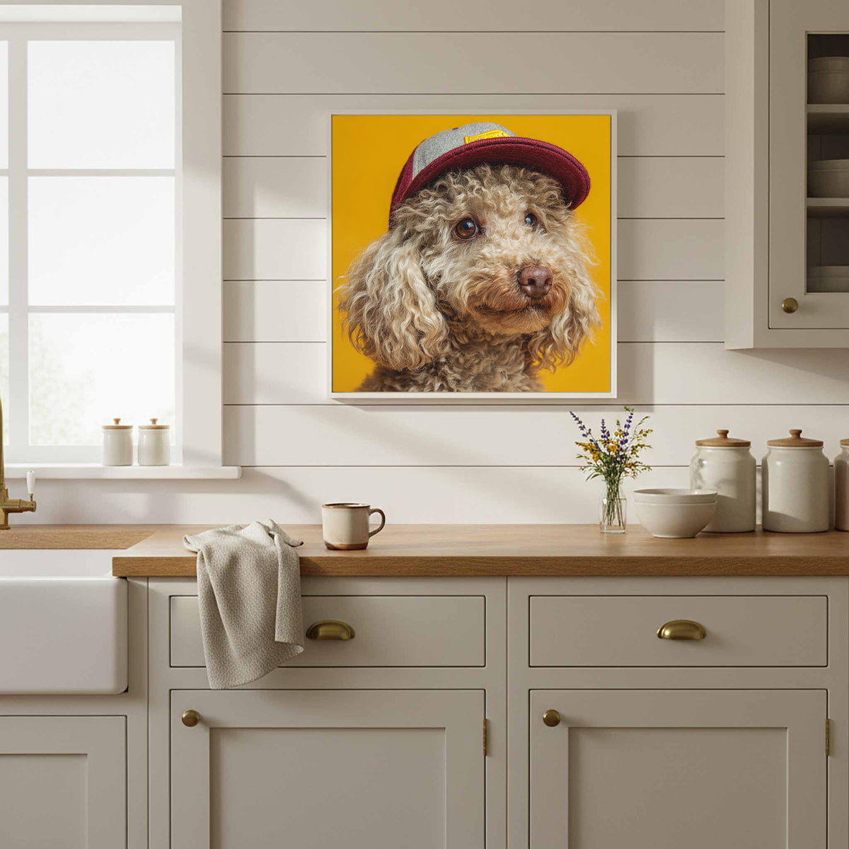Poodle Baseball Cap Canvas Print – styled room view 10