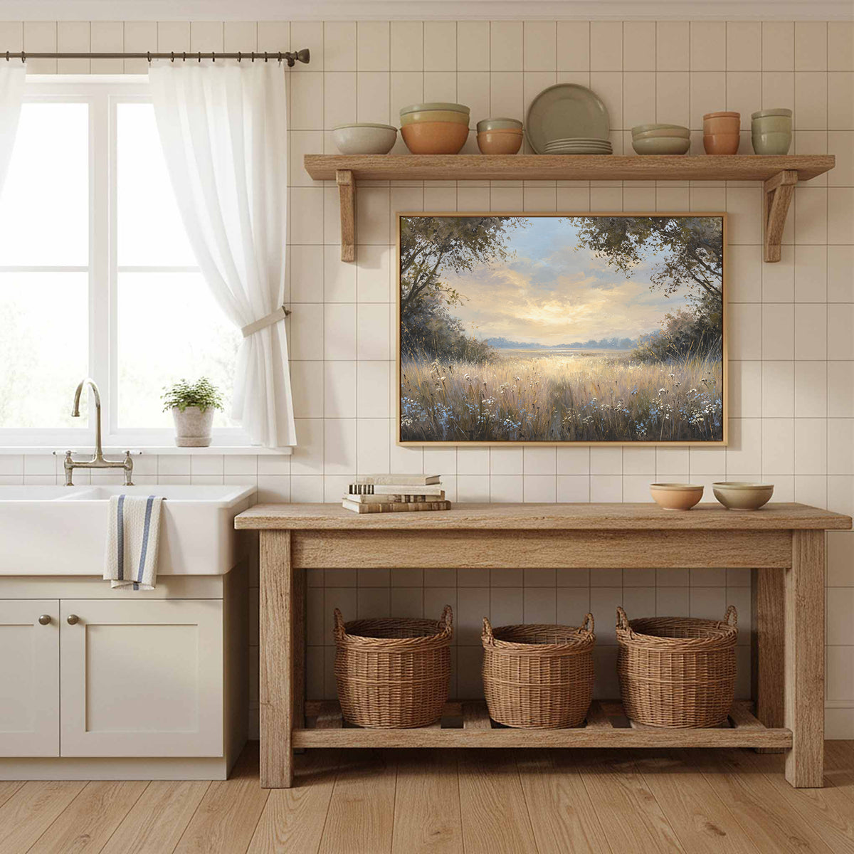 Sunlit Meadow Landscape Canvas Wall Art – styled room view 12