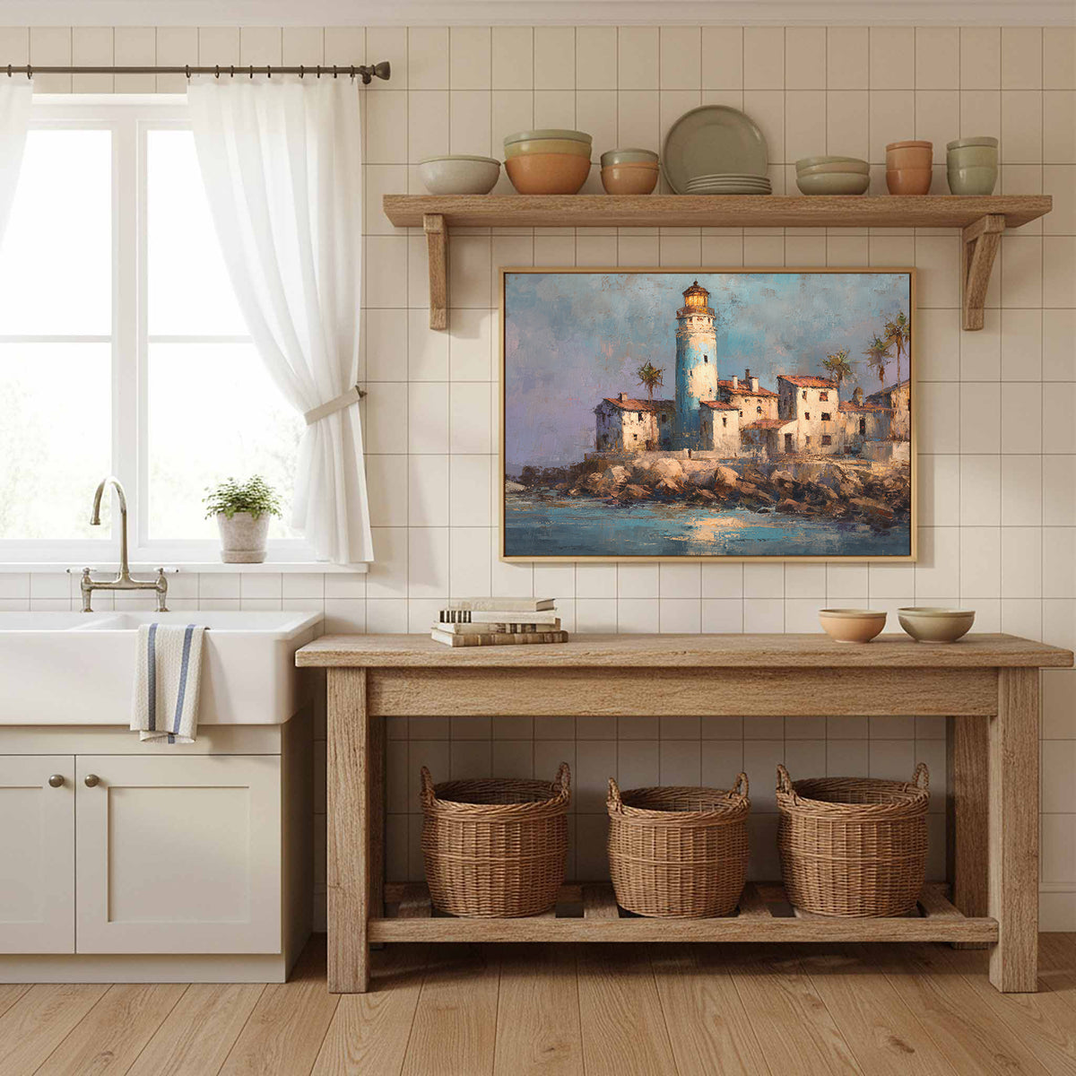 Santa Marta Lighthouse Oil Painting – styled room view 11
