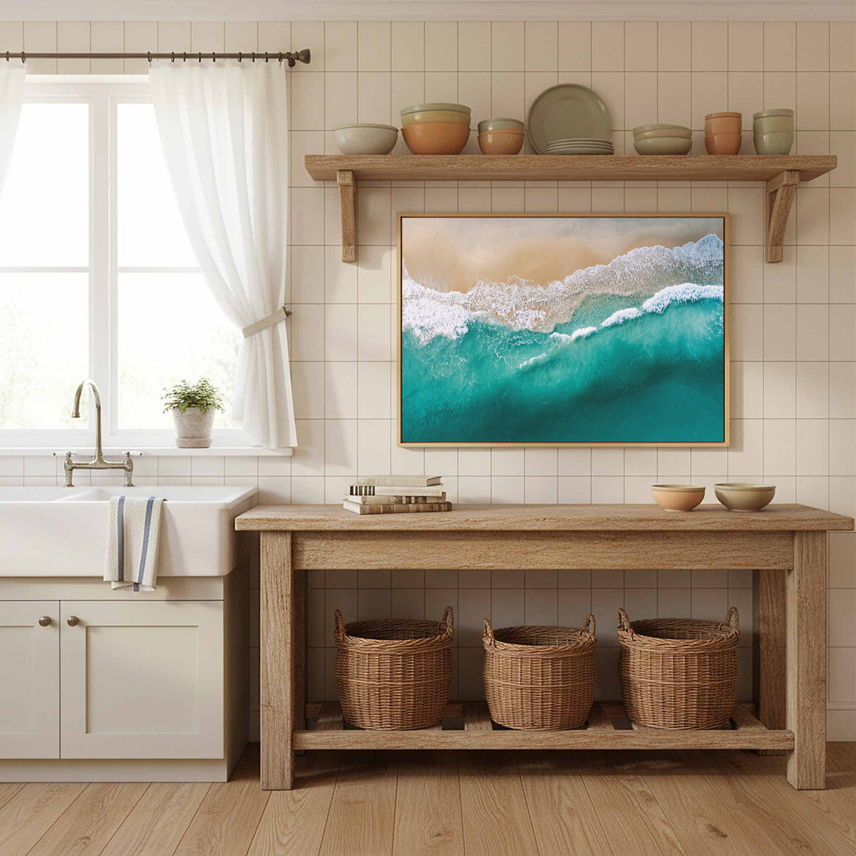 Aerial Ocean Waves Canvas Wall Art – styled room view 12