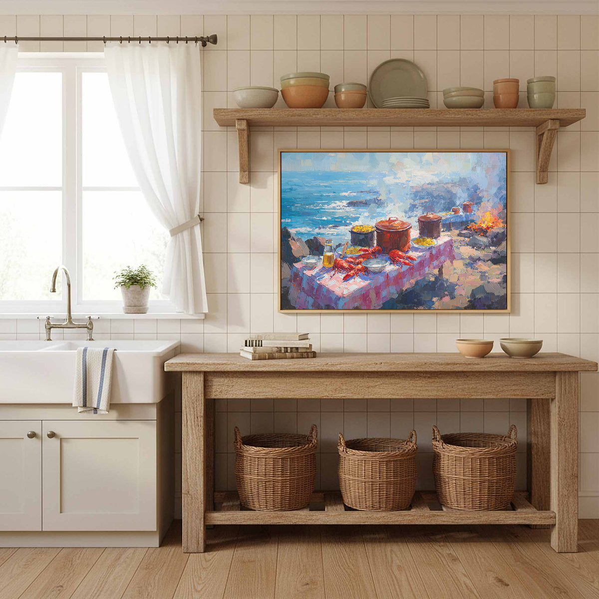 Coastal Lobster Feast Canvas Art – styled room view 10