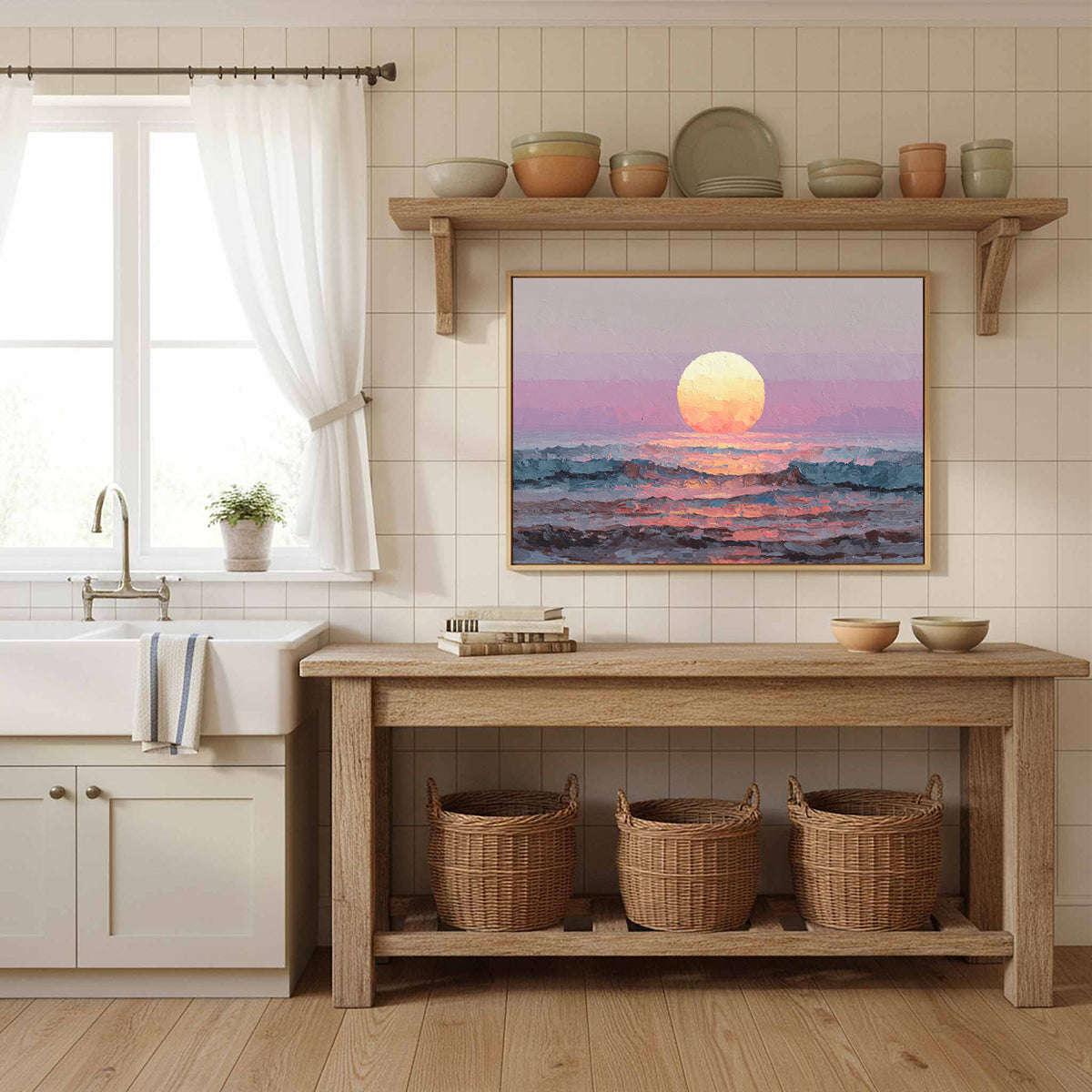 Vintage Coastal Sunset Canvas Wall Art – styled room view 11