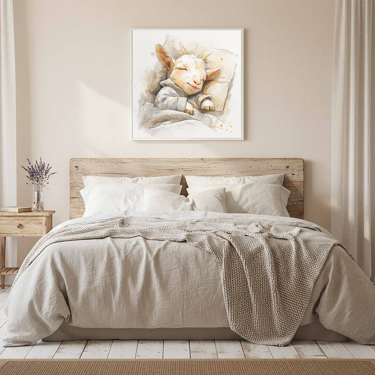 Sleeping Baby Goat Canvas Art – styled room view 11